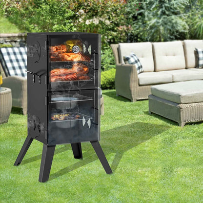 Kingchii Vertical Charcoal Smoker BBQ Grill with Built-in Thermometer, Portable Smoker for Backyard, Camping, Barbecue, and Outdoor Grilling