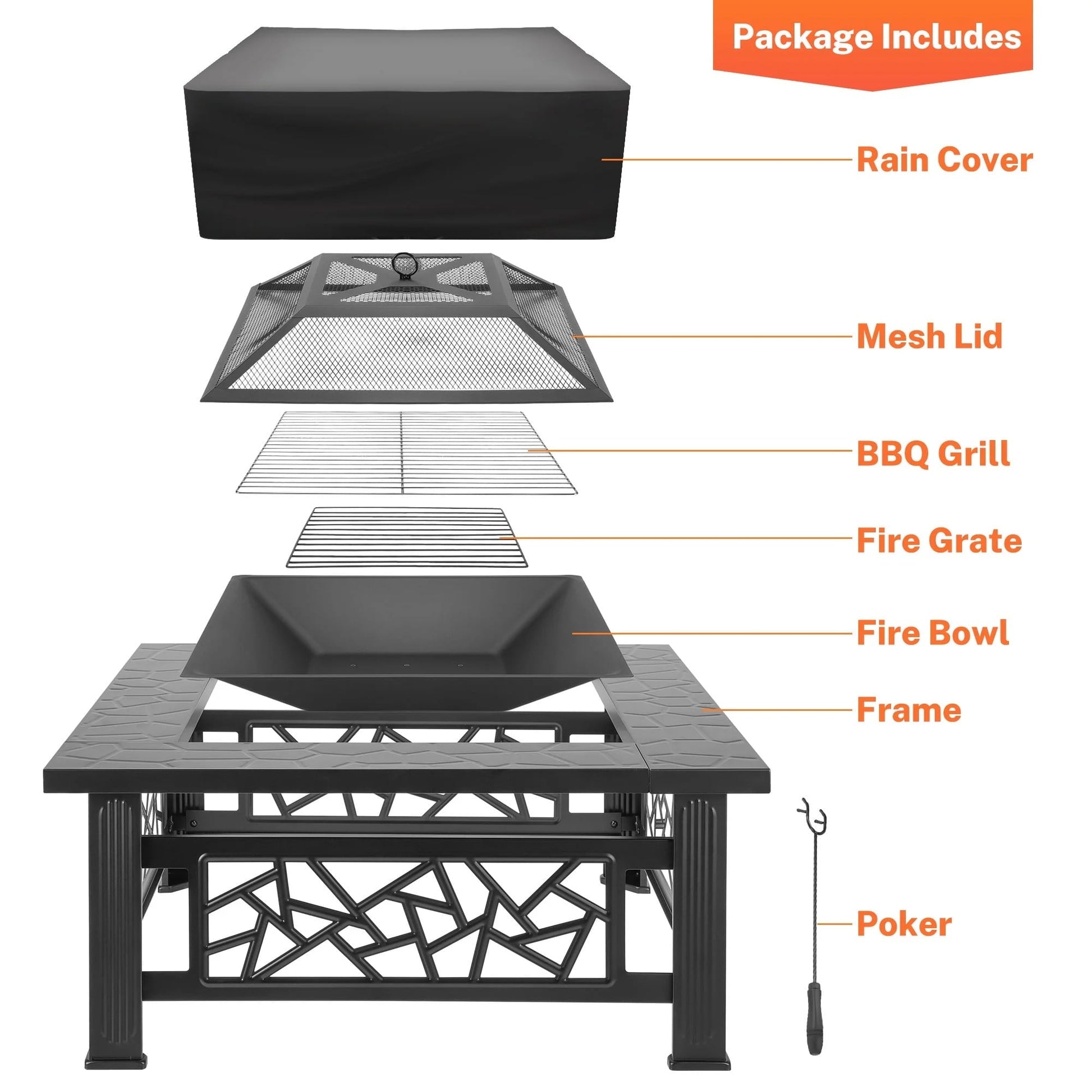 32" Fire Pits for Outside, SYNGAR Wood Burning Bonfire Fire Pit Table with Mesh Lid, Grate, BBQ Grill and Poker, Outdoor Metal Square Fire Pit for BBQ, Camping, Picnics, Backyard - Home OXO