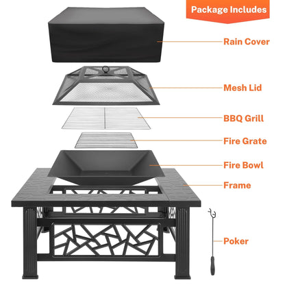 32" Fire Pits for Outside, SYNGAR Wood Burning Bonfire Fire Pit Table with Mesh Lid, Grate, BBQ Grill and Poker, Outdoor Metal Square Fire Pit for BBQ, Camping, Picnics, Backyard - Home OXO