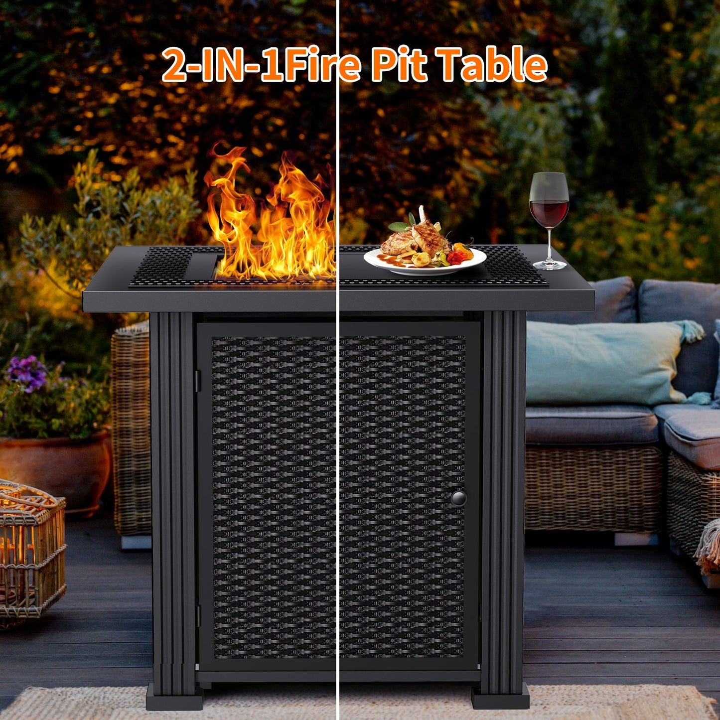 DOMQGA 28" Propane Fire Pit Table, 2-in-1 Square 50,000 BTU Propane Gas Fire Pit Table with Lid and Lava Rock,for Outside Patio Yard Party Garden and Lawn - Home OXO