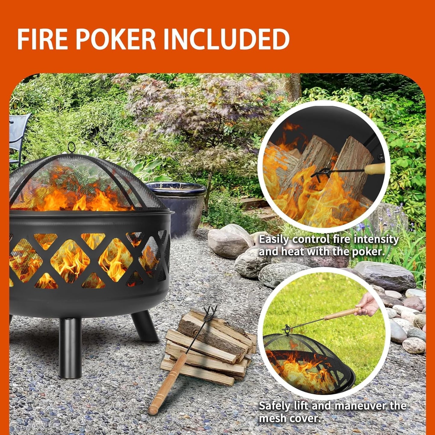 Red Mountain Valley Outdoor Wood Burning Fire Pit 24'' with Poker and Cover, 2-in-1 Functionality Cross-Woven Steel Fire Pits for Outside, Outdoor Fireplaces for Camping,BBQ, Patio,Backyard - Home OXO