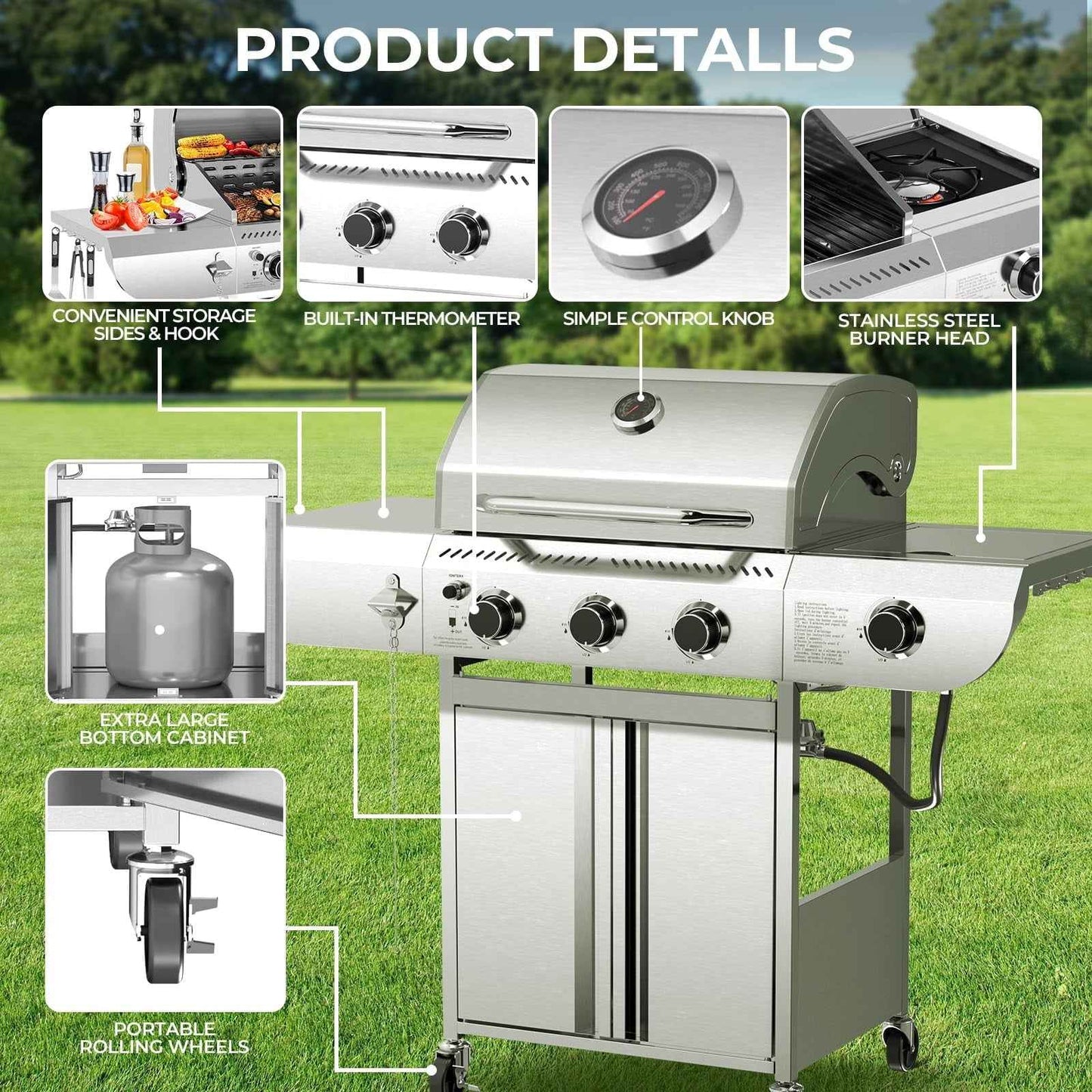 LHRIVER Stainless Steel BBQ Grill, 3 Burner Propane Gas Grill with Side Burner  for Outdoor Cooking Patio Backyard