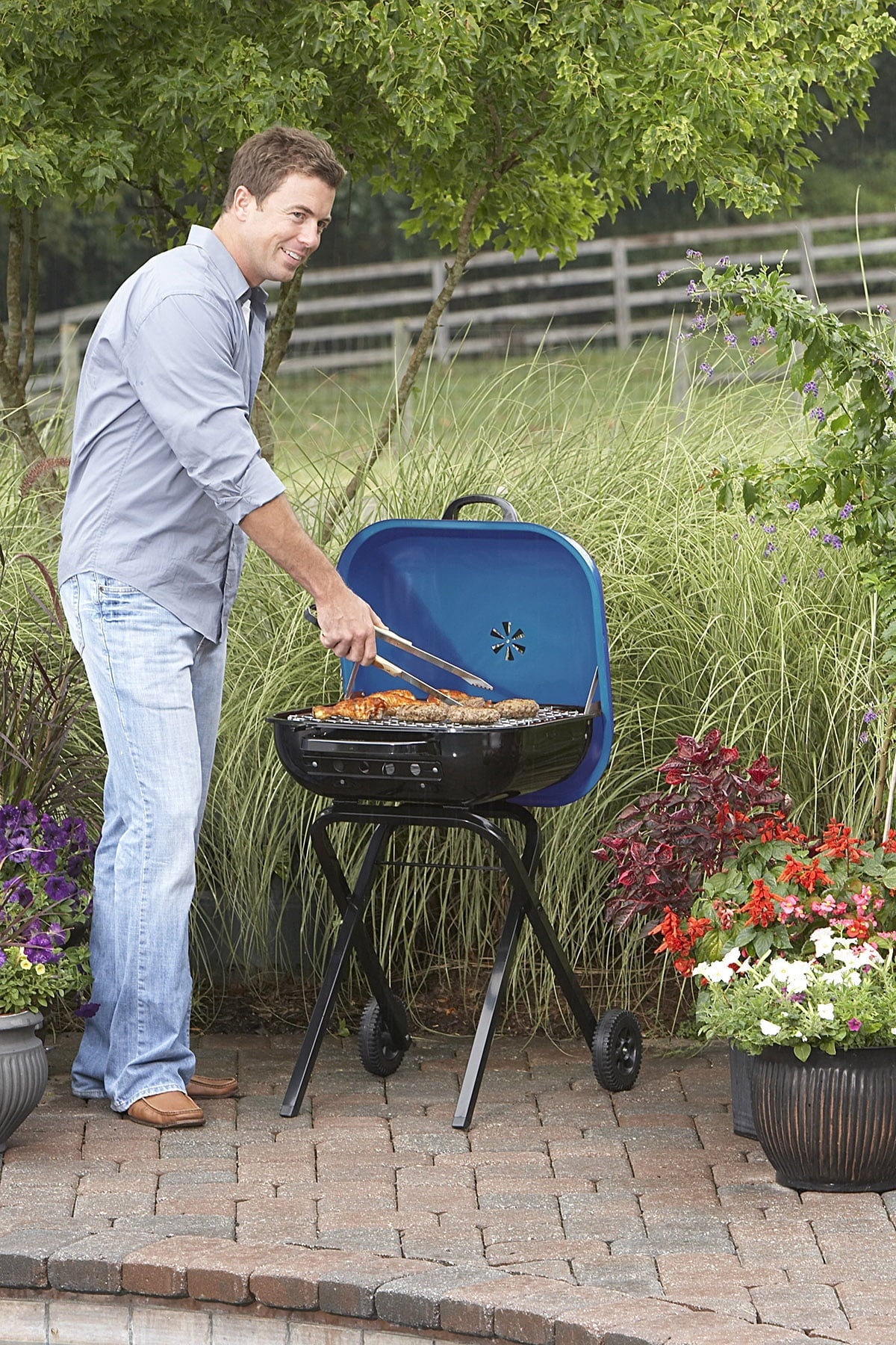 Americana Walk-A-Bout Charcoal Original Square Grill-100% Pre-Assembled Portable Steel, Blue - Home OXO