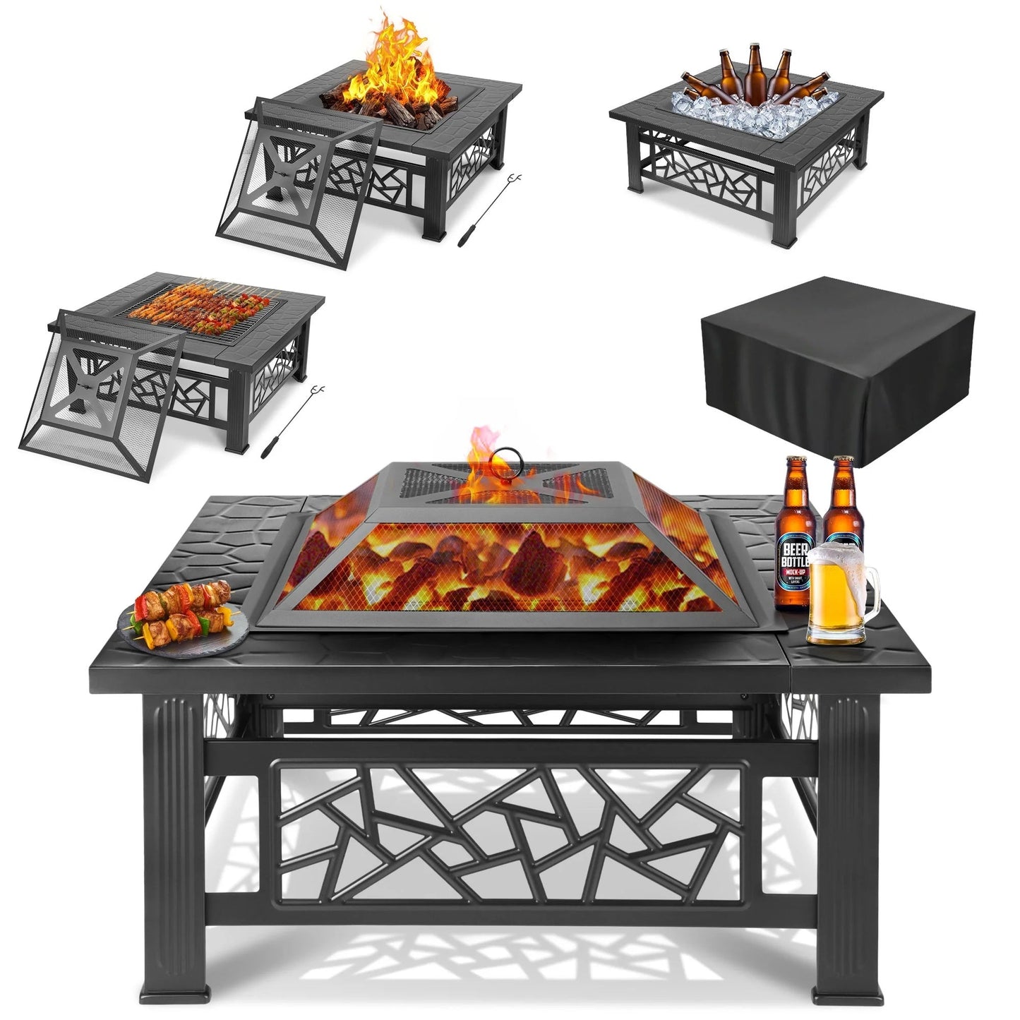 32" Fire Pits for Outside, Updated Segmart Outdoor Firepit with Fireplace Screen, Lid Square Wood Burning Fireplace Heater/Ice Pit for Camping, Outdoor Heating, Bonfire and Picnic, Black - Home OXO