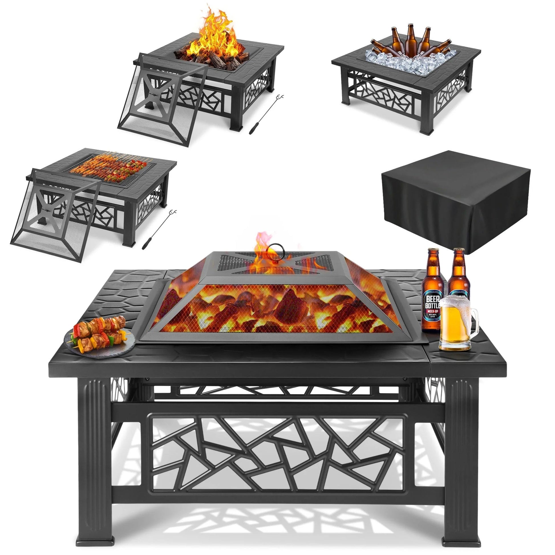 32" Fire Pits for Outside, Updated Segmart Outdoor Firepit with Fireplace Screen, Lid Square Wood Burning Fireplace Heater/Ice Pit for Camping, Outdoor Heating, Bonfire and Picnic, Black - Home OXO