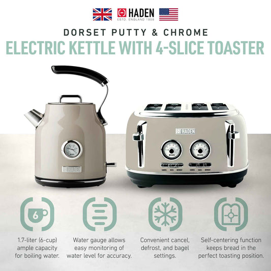 Haden Dorset 4 Slice Wide Toaster & Electric Water Kettle, Putty & Chrome