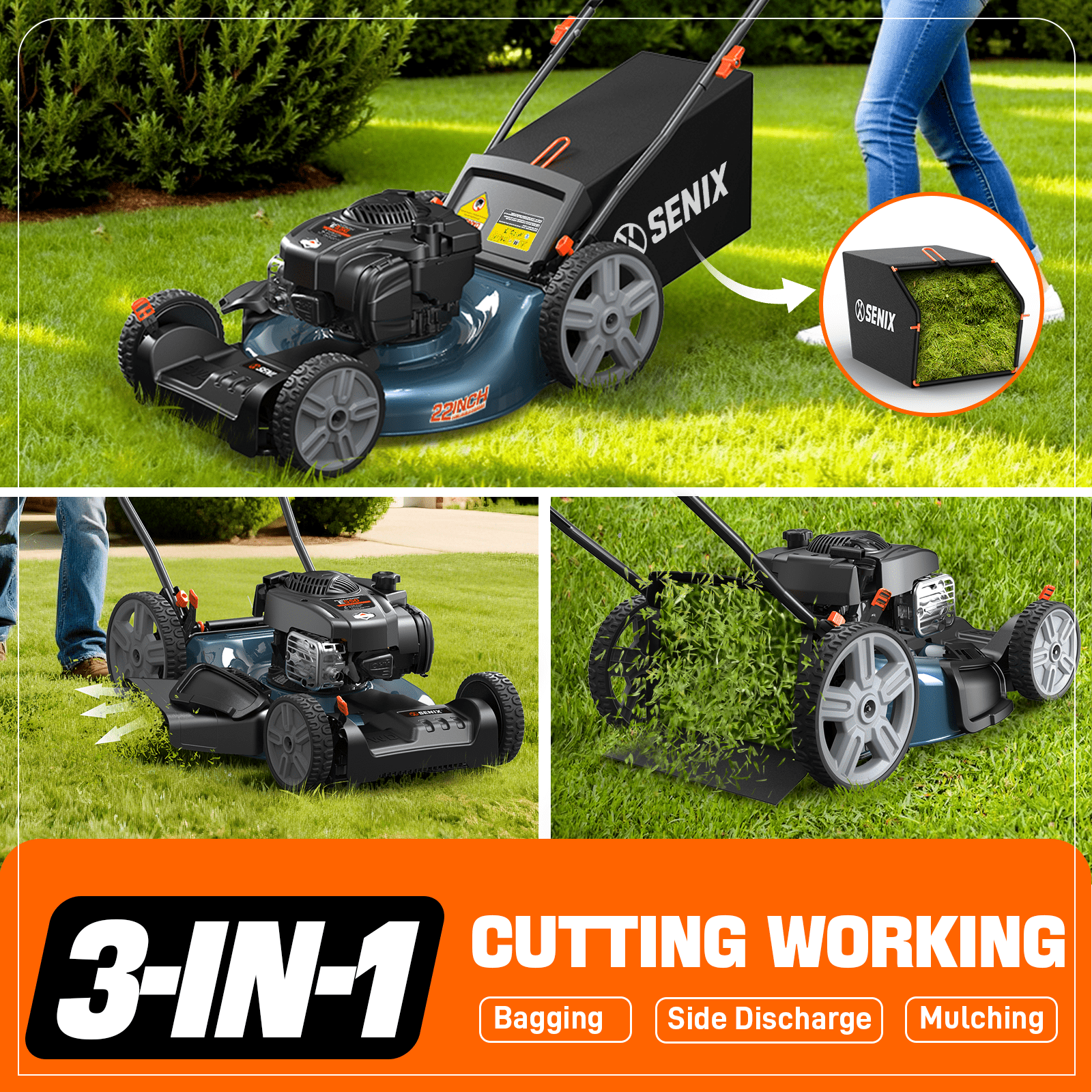 SENIX Self-Propelled Gas Lawn Mower 21in Cuttting Blade 22in Cutting Deck, 150 cc 4-Cycle Made in USA Briggs & Stratton Engine Push Mower, 3-In-1, 6-Height Adjustment, 11-In Rear Wheels, LSSG-M1