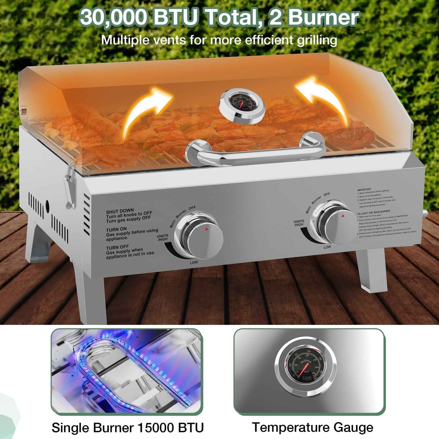 Firstness Propane Gas Grills, 30,000BTU Portable Gas Grill for Outdoor Camping BBQ Picnics Tailgating, 2 Burners, Stainless Steel Sliver