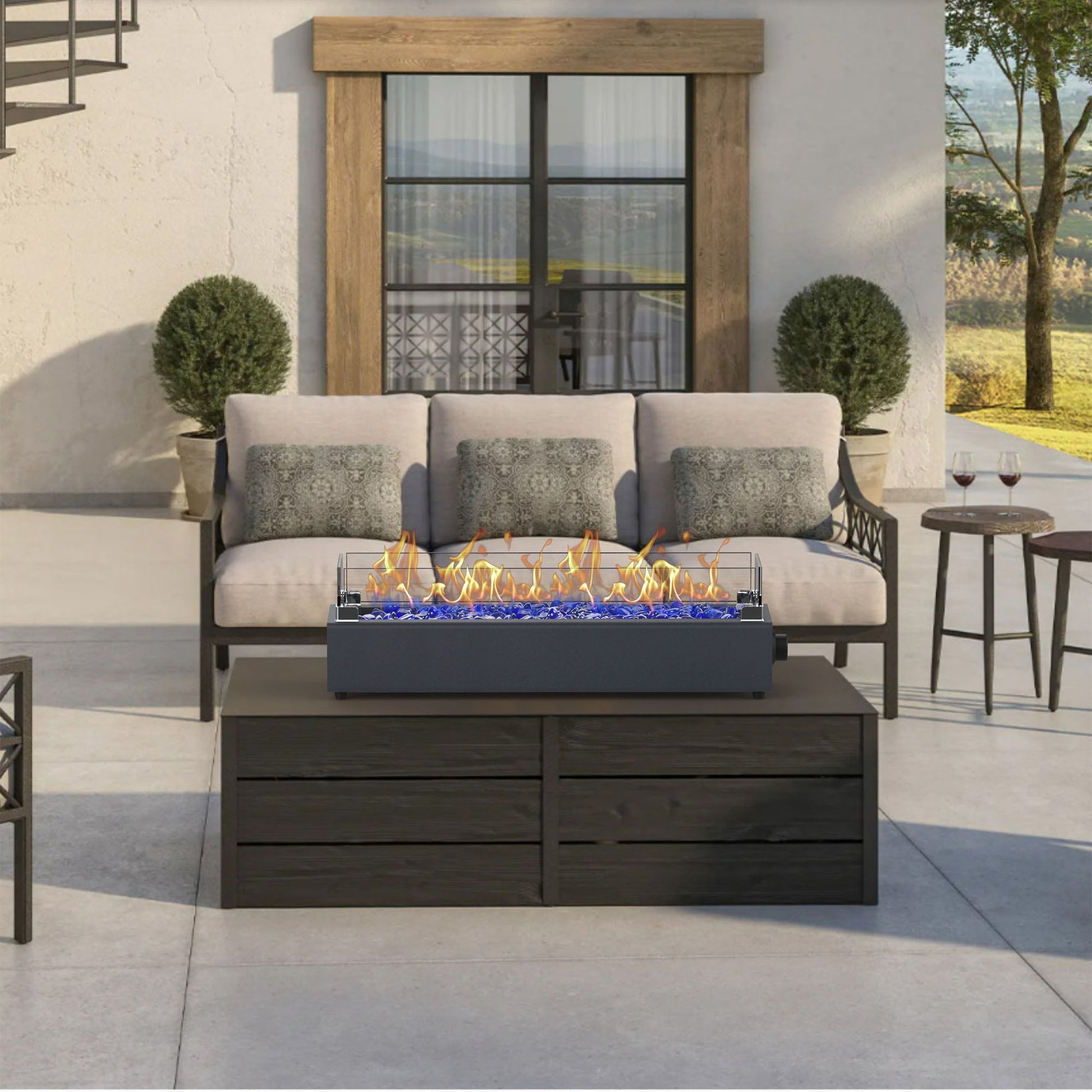 28-inch Table Top Gas Fire Pit, 40,000 BTU Tabletop Propane Fire Pit Portable Fireplace for Patio, Outdoor w/Wind Glass Shield, Glass Rocks, Carbon Gray - Home OXO