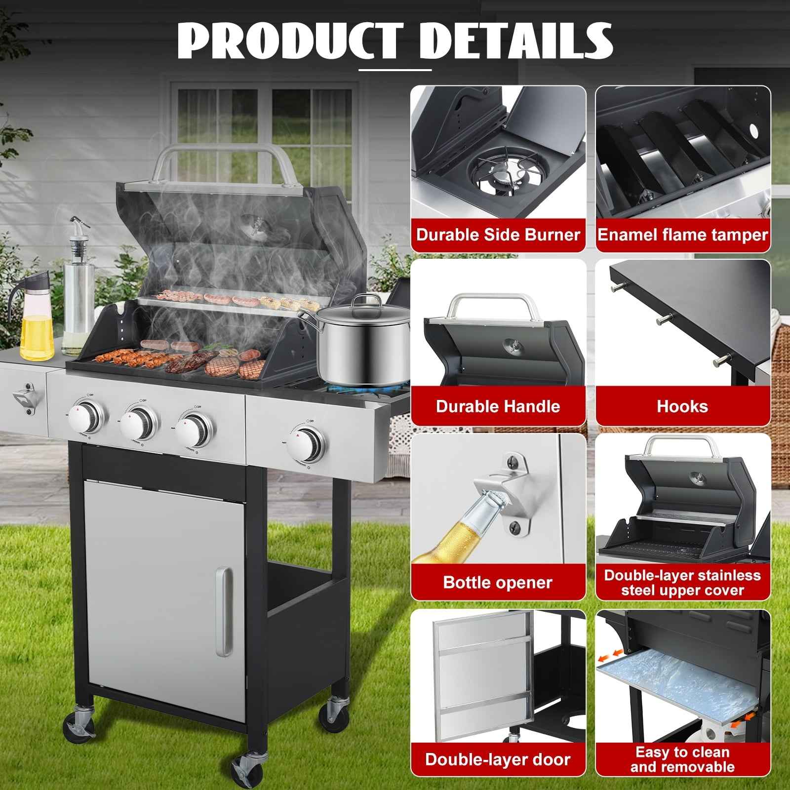 Nice Cooker 3-Burner Propane Gas Grill with Side Burner, 37000 BTU Outdoor BBQ Grill with Porcelain-Enameled Cast Iron Grates, Double Layer Lid, Built-in Thermometer Stainless Steel Grill for Outdoor