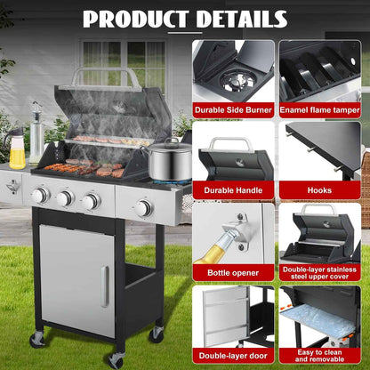 Nice Cooker 3-Burner Propane Gas Grill with Side Burner, 37000 BTU Outdoor BBQ Grill with Porcelain-Enameled Cast Iron Grates, Double Layer Lid, Built-in Thermometer Stainless Steel Grill for Outdoor