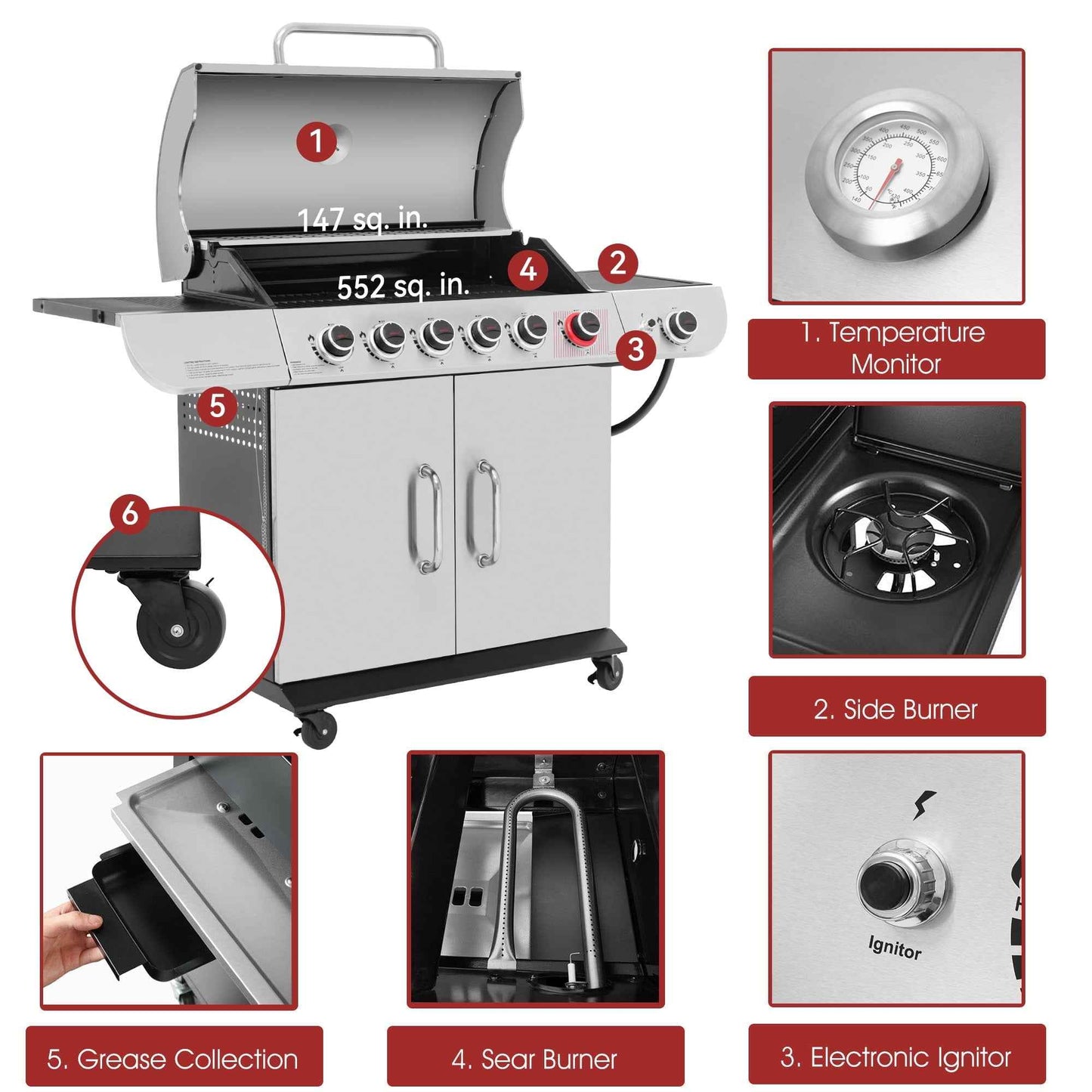 Royal Gourmet SG6002 Classic 6-Burner 71000-BTU LP Gas Grill with Sear Burner and Side Burner, Stainless Steel