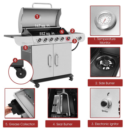 Royal Gourmet SG6002 Classic 6-Burner 71000-BTU LP Gas Grill with Sear Burner and Side Burner, Stainless Steel