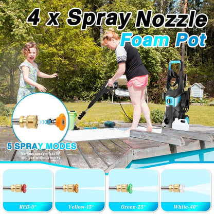 TEBRU Electric Pressure Washer, 3000PSI Max 2.4 GPM Power Washer with 32 ft Hose, 4 Quick Connect Nozzles, Foam Cannon, Suitable for Clean Cars, Patios, Driveways, Fences, Pool
