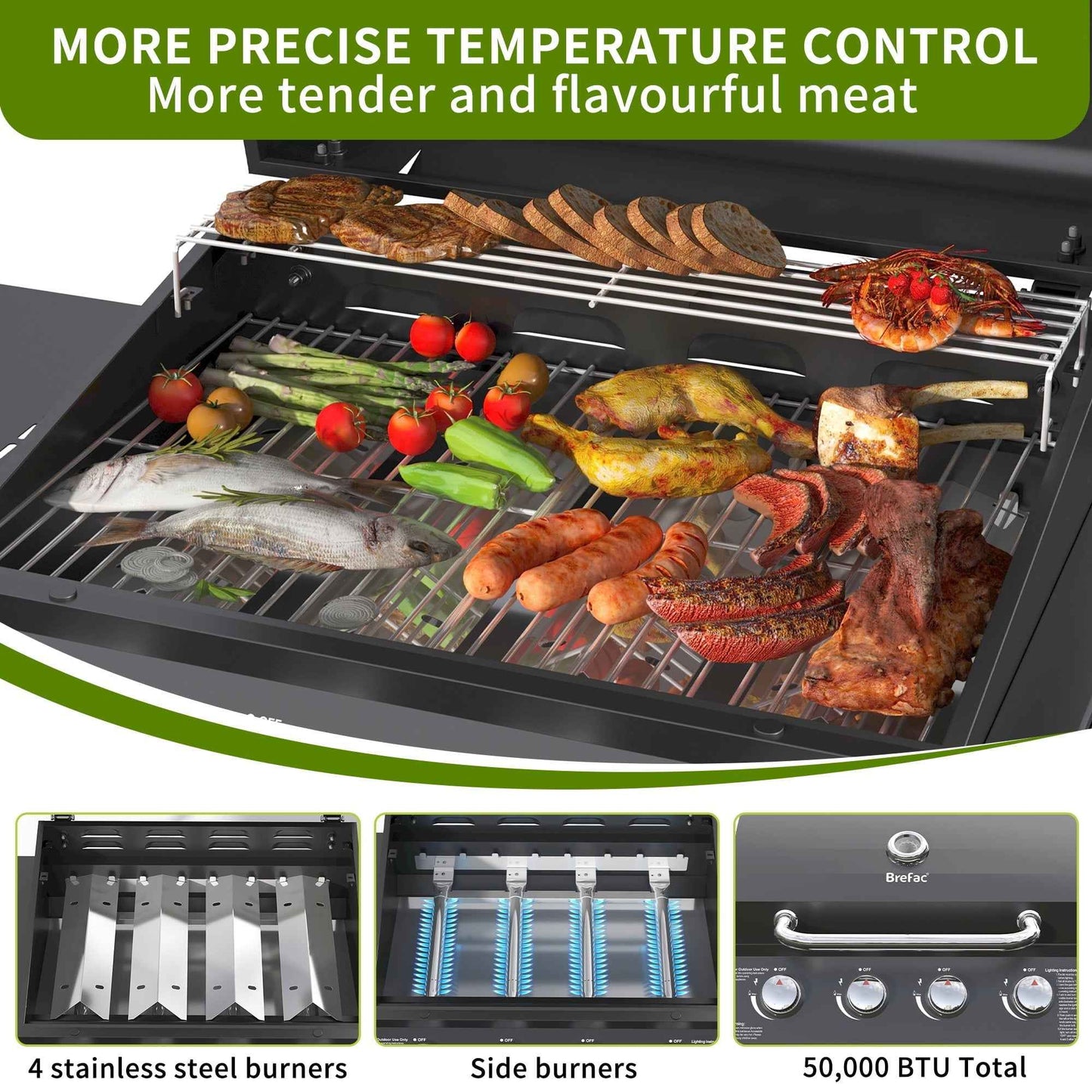 Brefac 4 Burner Propane Gas Grill with 3 Tier Shelf, 50000 BTU Outdoor Cooking Stainless Steel BBQ Grills Cabinet,Can be Placed Smoke Box，Black