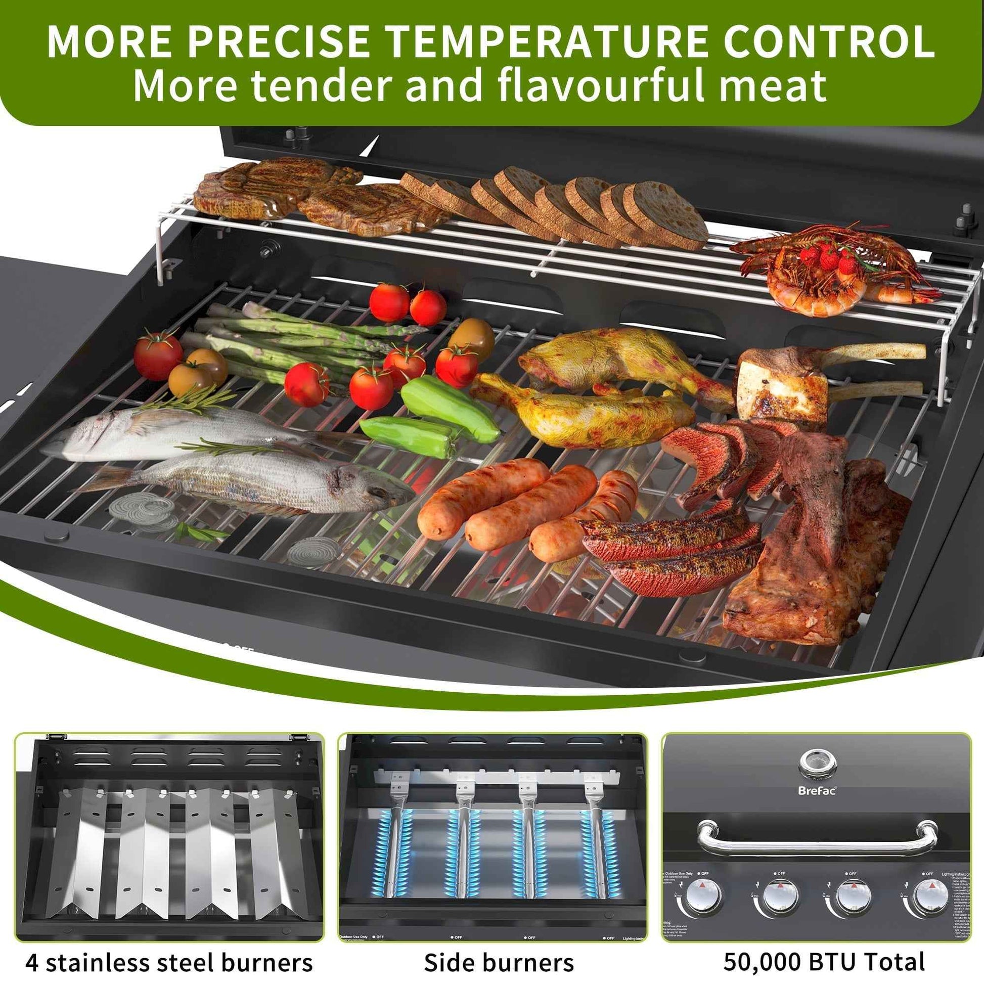 Brefac 4 Burner Propane Gas Grill with 3 Tier Shelf, 50000 BTU Outdoor Cooking Stainless Steel BBQ Grills Cabinet,Can be Placed Smoke Box，Black