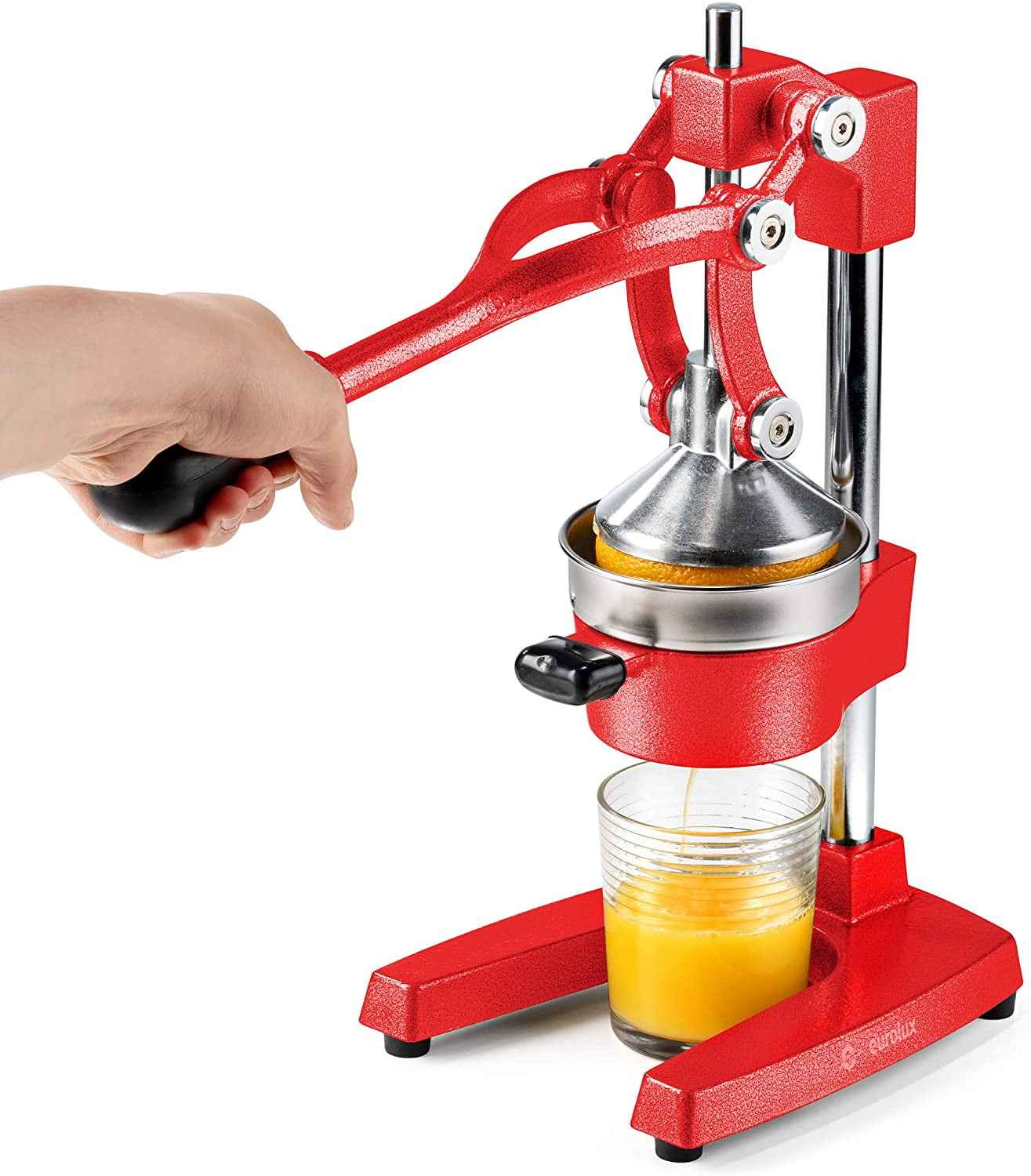 Eurolux Cast Iron Citrus Juicer | Commercial Grade Manual Hand Press | Countertop Squeezer for Fresh Fruit Juice (Bonus Stainless Steel Cup) (Red)