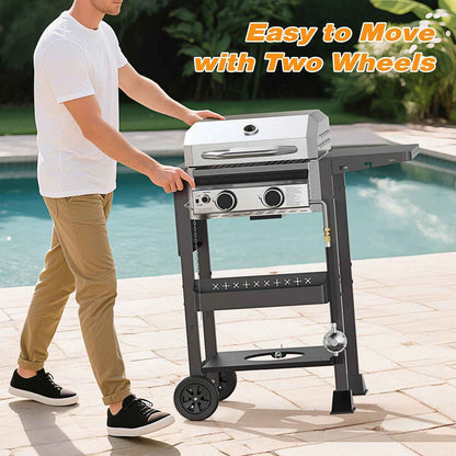 LHRIVER 2 Burner Gas Grill with Side Table, Portable Outdoor Barbecue Cooking BBQ, 16000BTU