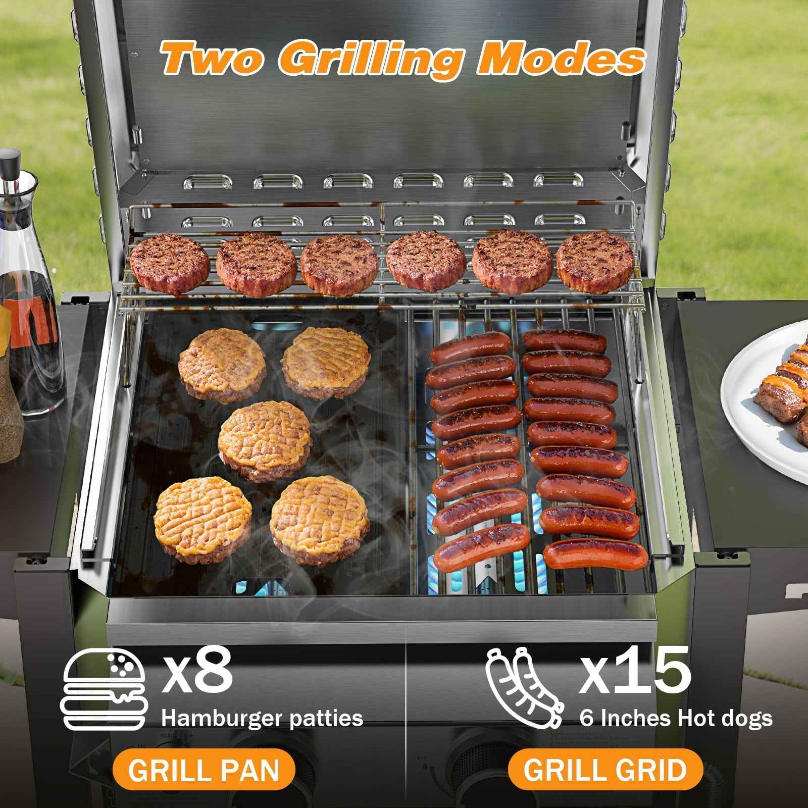 LHRIVER 2 Burner Gas Grill with Side Table, Portable Outdoor Barbecue Cooking BBQ, 16000BTU