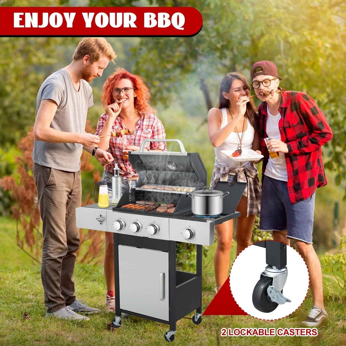 Nice Cooker 3-Burner Propane Gas Grill with Side Burner, 37000 BTU Outdoor BBQ Grill with Porcelain-Enameled Cast Iron Grates, Double Layer Lid, Built-in Thermometer Stainless Steel Grill for Outdoor
