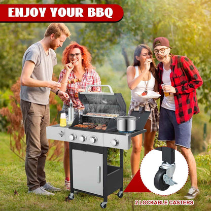 Nice Cooker 3-Burner Propane Gas Grill with Side Burner, 37000 BTU Outdoor BBQ Grill with Porcelain-Enameled Cast Iron Grates, Double Layer Lid, Built-in Thermometer Stainless Steel Grill for Outdoor
