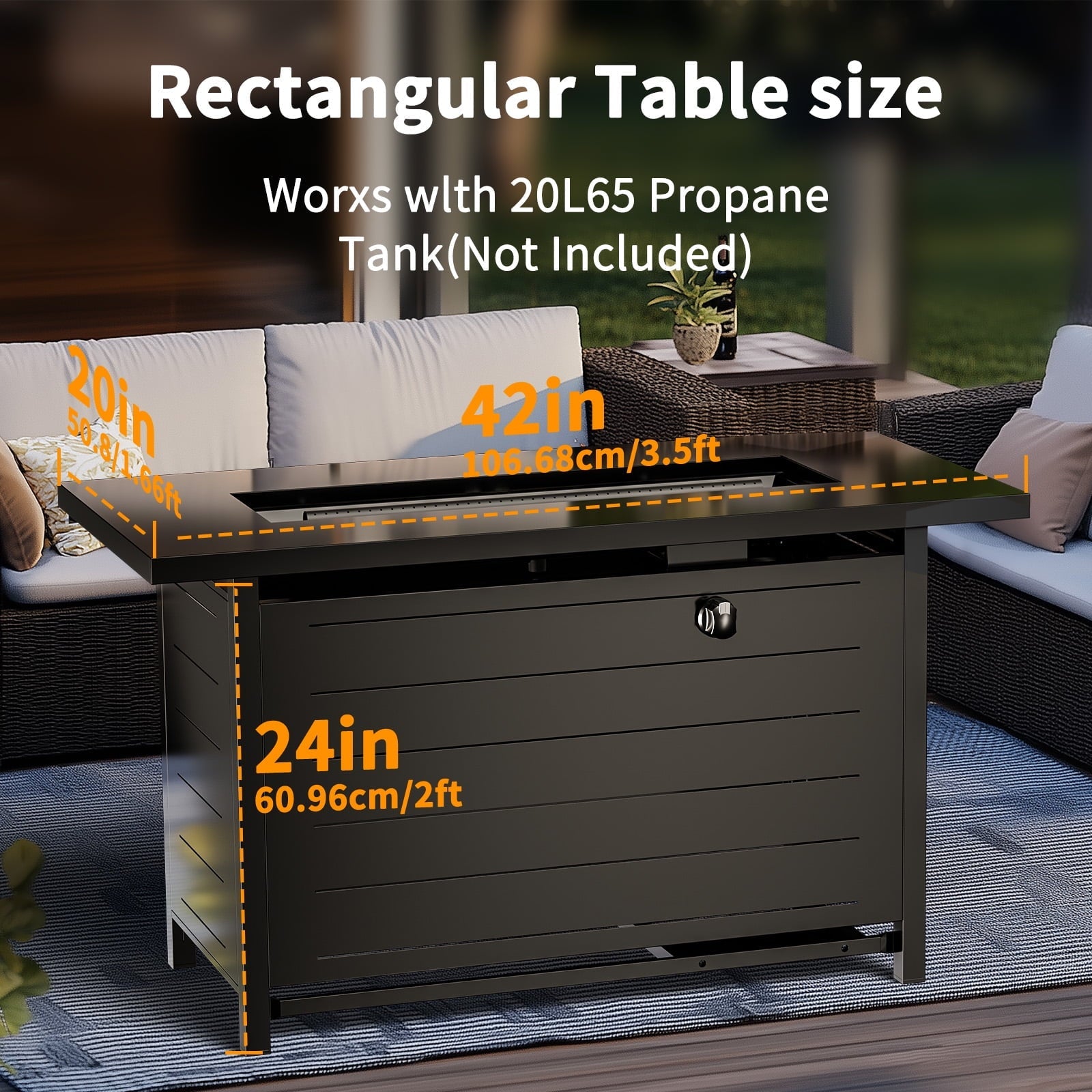 Philergo 42" Rectangular Gas Fire Pit Table, 60,000 BTU Propane Fire Pits for Outside with Lid and Lava Rock - Home OXO