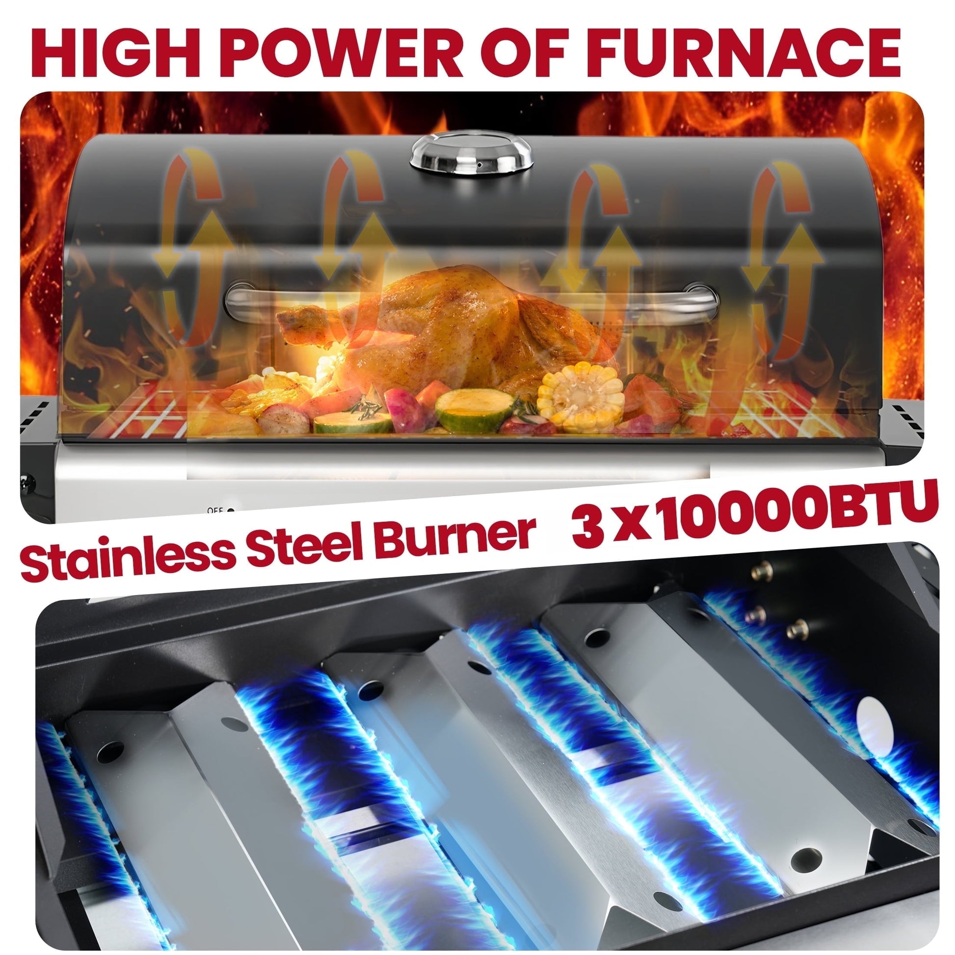 Enyopro 3 Burner Propane Gas Grill, 30,000BTU Stainless Steel Barbecue Grill with Foldable Side Table, Built-in Thermometer, Hanging Basket for Outdoor BBQ Camping Grill - Home OXO