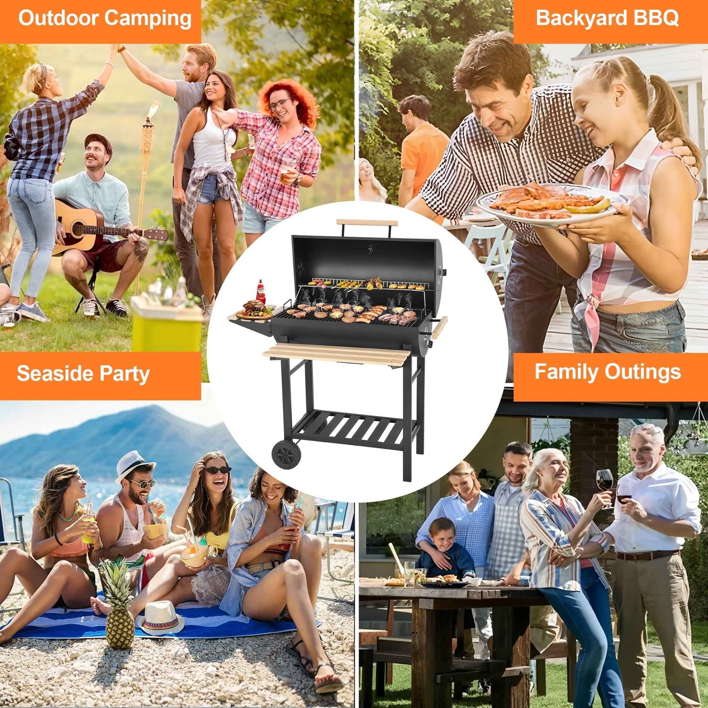 Charcoal Grill Outdoor Barrel Grill, 30 inch BBQ Grill with Warming Rack & Foldable Side Shelf, Offset Smoker Grill with Thermometer for Outdoor Cooking, Black