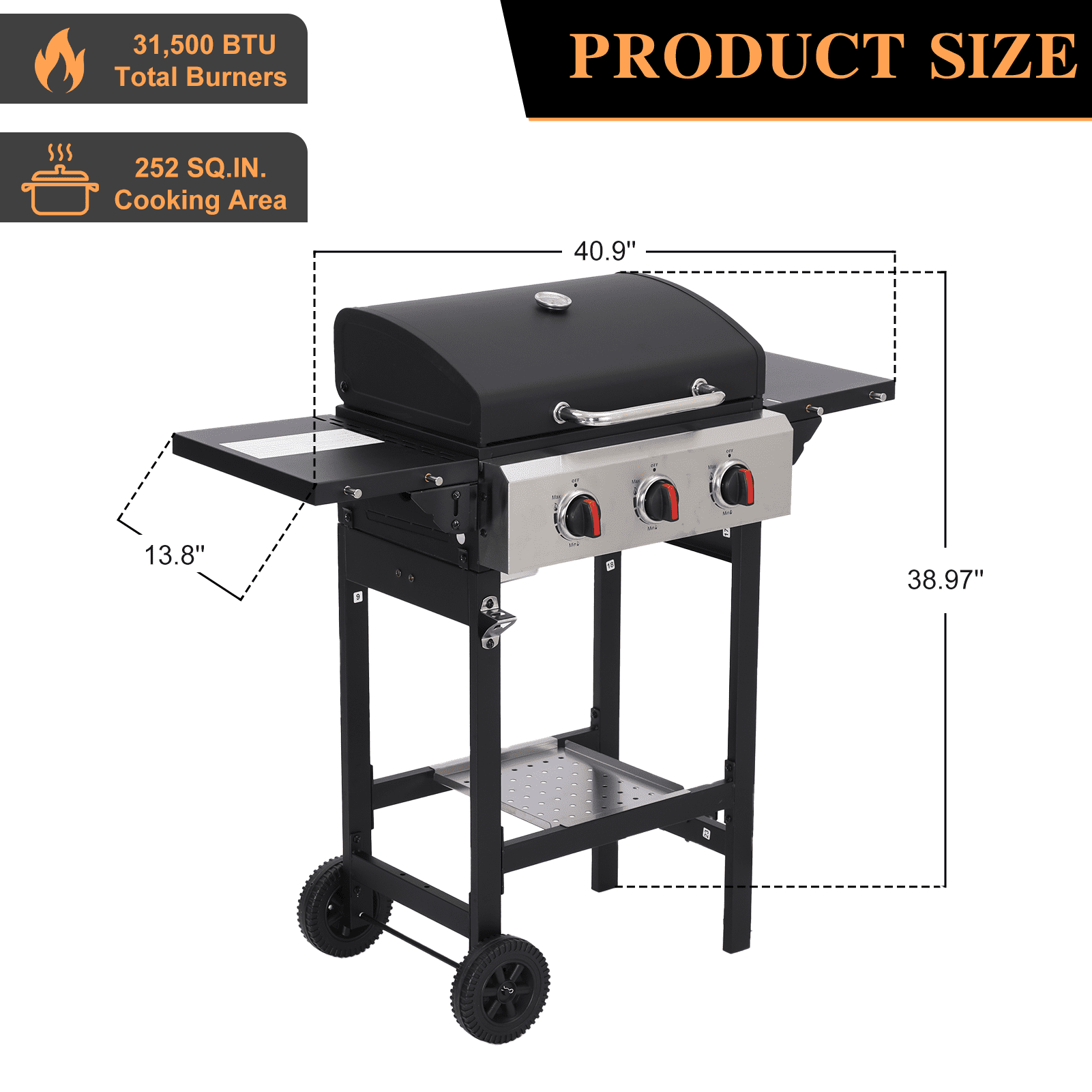 CIG GARDEN 3 Burner Propane Gas Grill, 31,500 BTU Output Outdoor BBQ Grill with Cast Iron Grates and Versatile Mini Grill Pan, Perfect for Outdoor Cooking, Balcony, Backyard, Camping - Home OXO