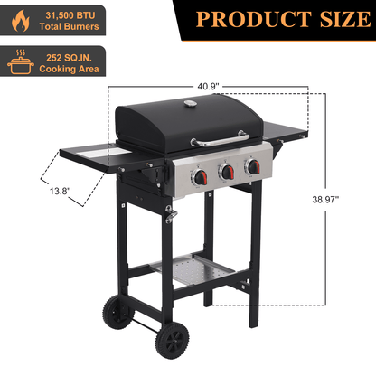 CIG GARDEN 3 Burner Propane Gas Grill, 31,500 BTU Output Outdoor BBQ Grill with Cast Iron Grates and Versatile Mini Grill Pan, Perfect for Outdoor Cooking, Balcony, Backyard, Camping - Home OXO