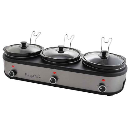 Warmer 2.5 Quart Slow Cooker and Buffet Server in Brushed Silver and Black Finish with 3 Ceramic Cooking Pots and Removable Lid Rests 2.5 Quarts