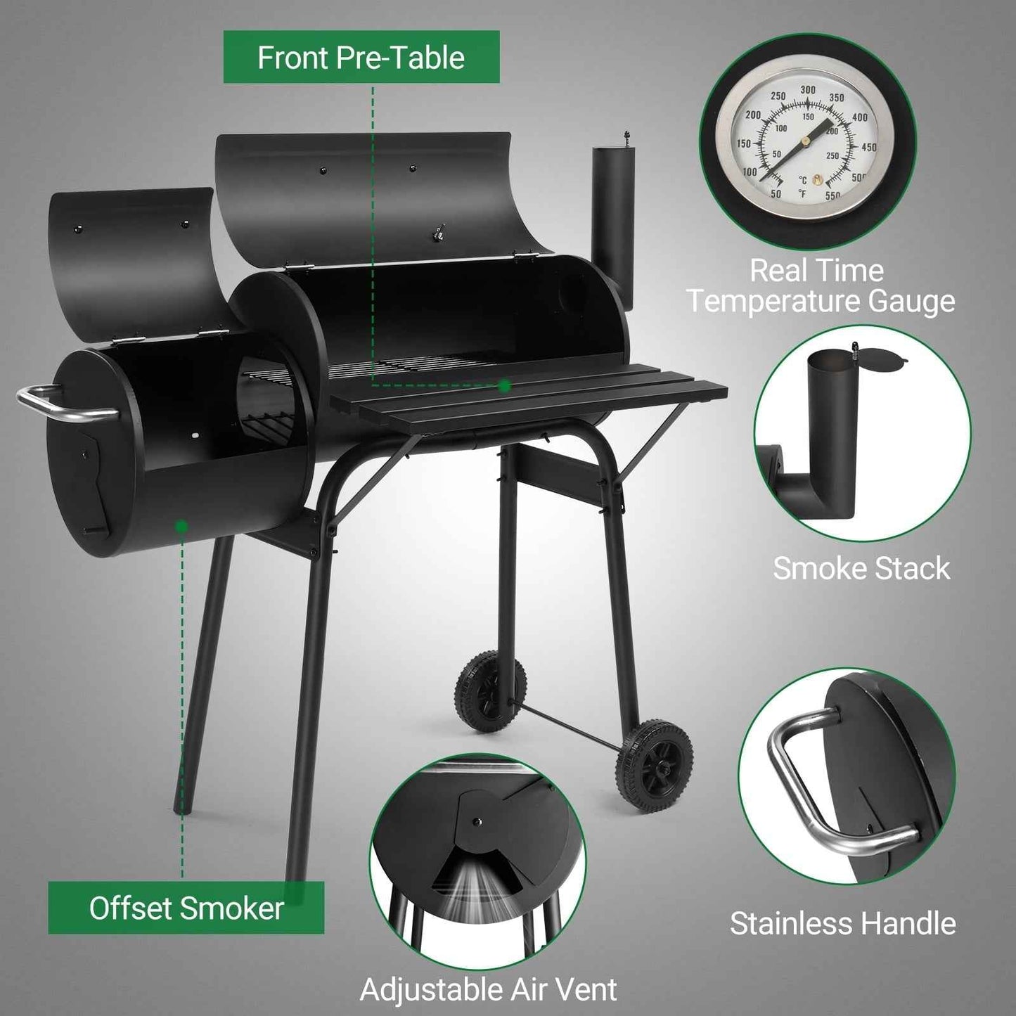 Smoker Grill, Outdoor BBQ Charcoal Grill W/2 Cooking Area, Portable Offset Smoker on Wheels for Patio Backyard Camping