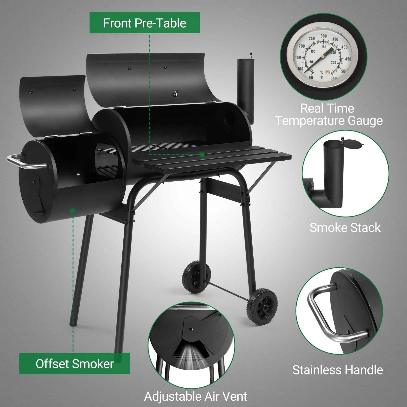 Smoker Grill, Outdoor BBQ Charcoal Grill W/2 Cooking Area, Portable Offset Smoker on Wheels for Patio Backyard Camping