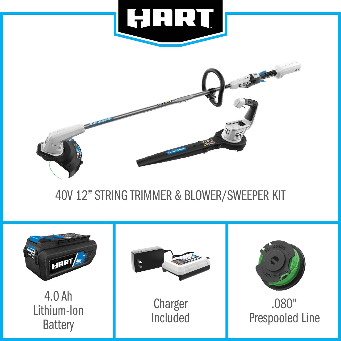 HART 40-Volt Cordless 12-inch String Trimmer and Leaf Blower Combo Kit, (1) 4.0Ah Lithium-Ion Battery