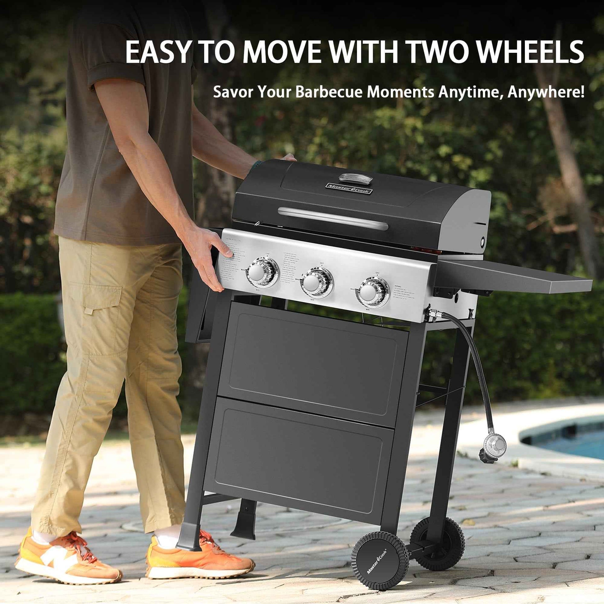 MASTER COOK 3 Burner BBQ Propane Grill, 30,000 BTU Patio Garden Barbecue Gas Grill with Two Foldable Shelves