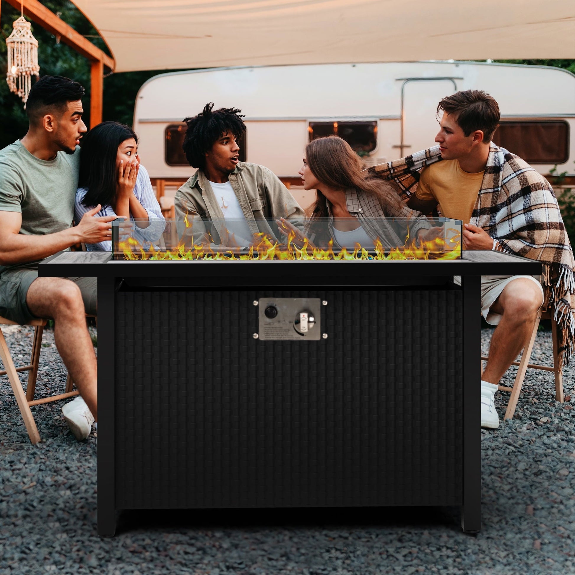 Walsunny 45" Propane Fire Pit Table 50,000 BTU Steel Gas Fire Pit with Removable Lid & Waterproof Cover and Tables - Home OXO