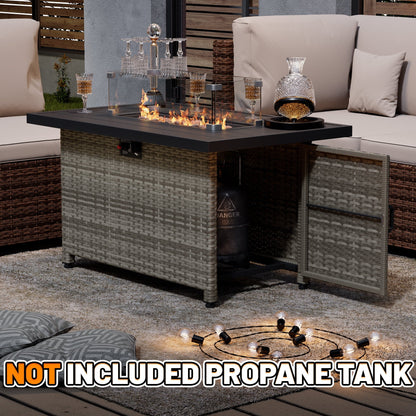 44 Inch Outdoor Wicker Fire Pit Table, 50000 BTU Propane Fire Pits with Glass Wind Guard and Lid, Patio Gas Fire Pit for Outside Patio and Garden(Grey) - Home OXO
