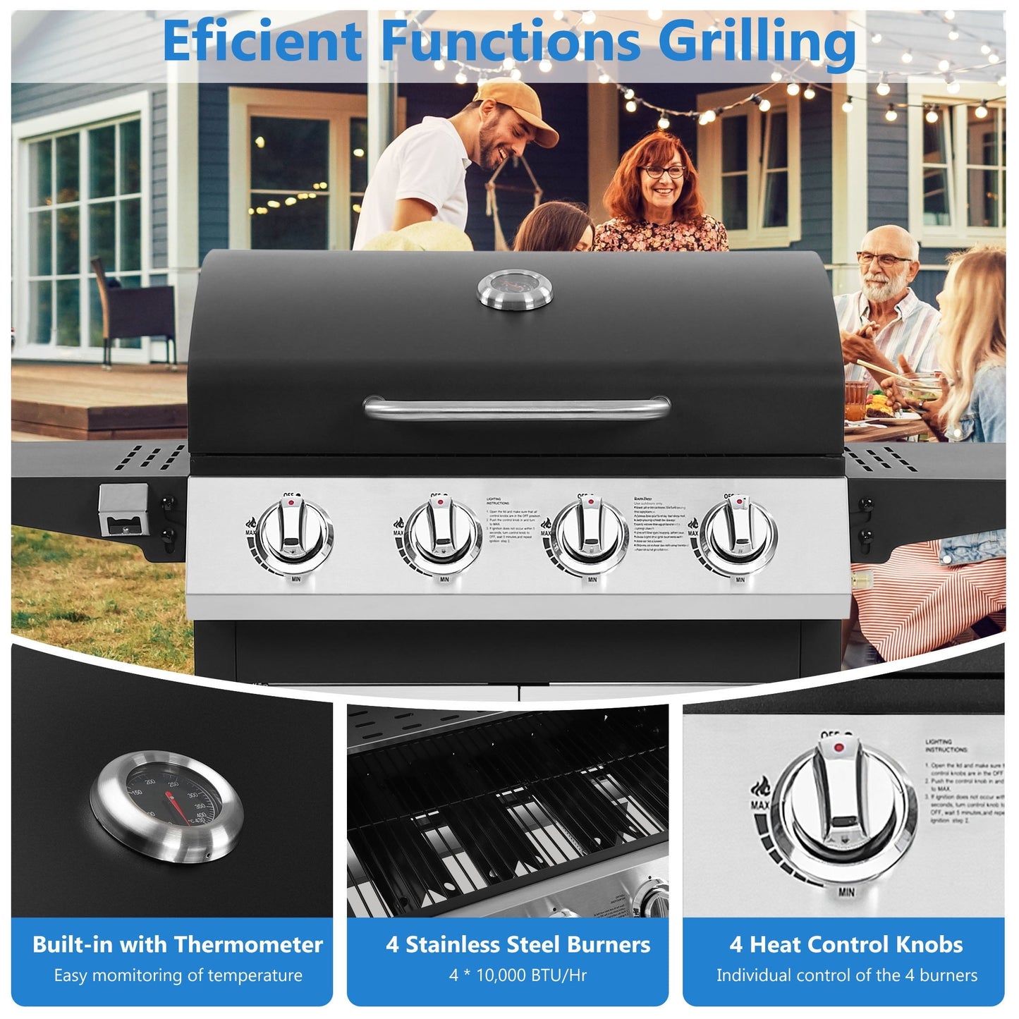 SEGMART 4 Burner BBQ Propane Gas Grill, Stainless Steel 40,000 BTU Patio Garden Barbecue Grill with Folding Side Tables, Cleaning Brush & Thermometer, Perfect for Camping, Outdoor Cooking - Home OXO