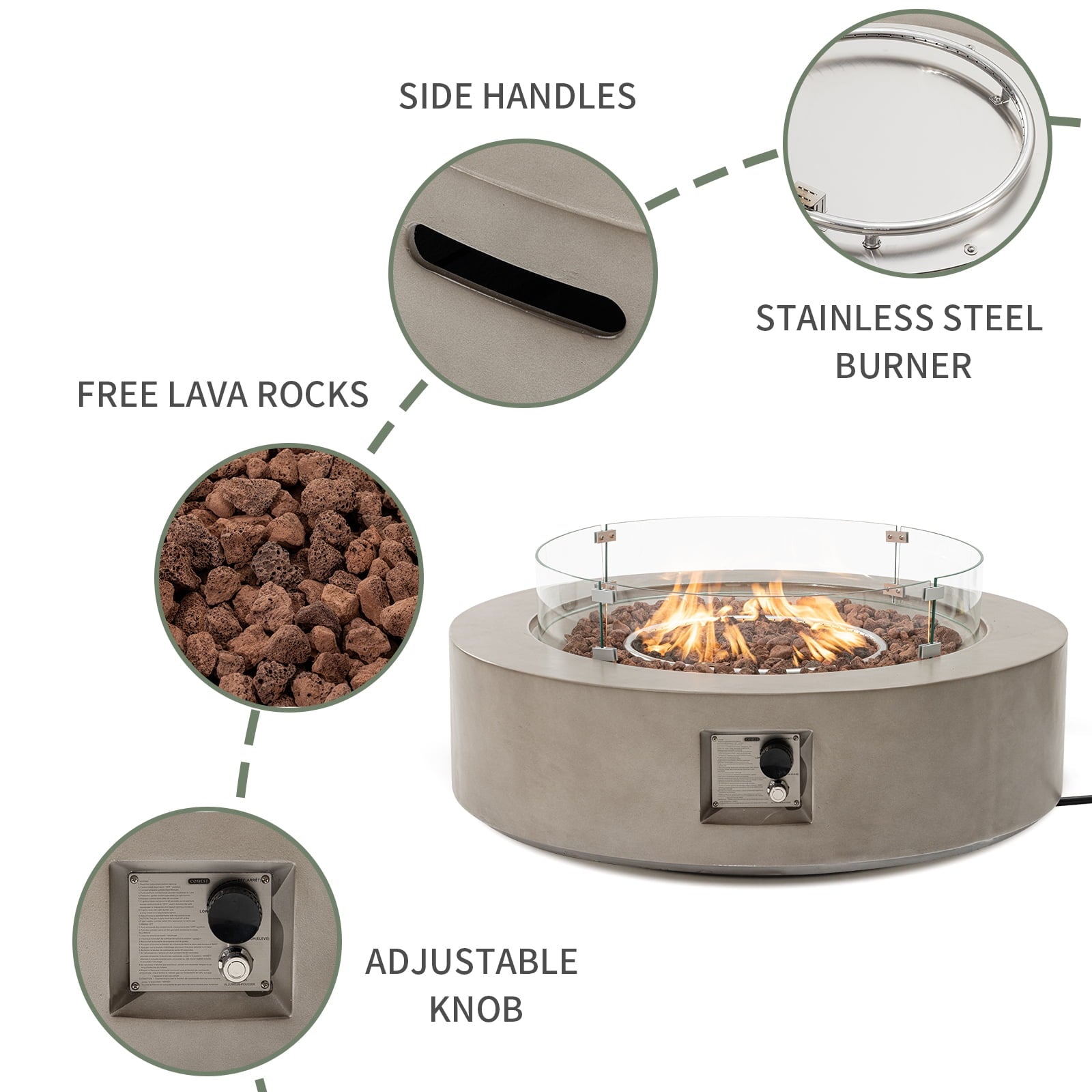 COSIEST Outdoor 40.5 inch Round Grey Propane Fire Pit Coffee Table w Wind Guard (Tank Outside) - Home OXO