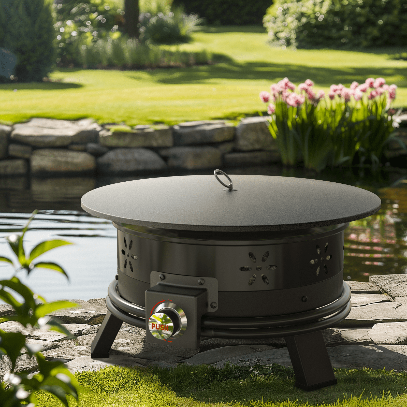 Philergo 19 inch Portable Fire Pits with Grill for Outside 58000 BTU Gas Fire Bowl with Foldable Legs & Lid & Carry Kit & Lava Rock Stone - Home OXO