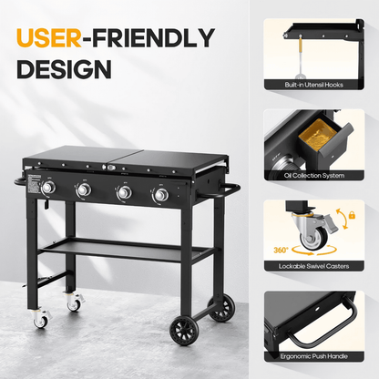 SUGIFT 36" 4-Burner Propane Gas Griddle, 60,000 BTU Flat Top Grill with Side Shelf for Outdoor BBQ & Camping