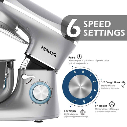 HOWORK 6.5-Qt Stand Mixer, Silver with Dough Hook, Beater, Whisk