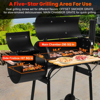 Seizeen Charcoal Grill w/Smoker, Outdoor BBQ Grill with Side Table, Portable Offset Smoker W/2-Zone Area