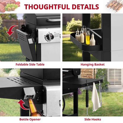 4000BTU Propane Gas Grill, Seizeen Stainless Steel 4-Burner BBQ Grill , Outdoor Patio Camping Portable Grill w/Foldable Side Table, Hanging Basket, Steel Brush, Universal Wheels