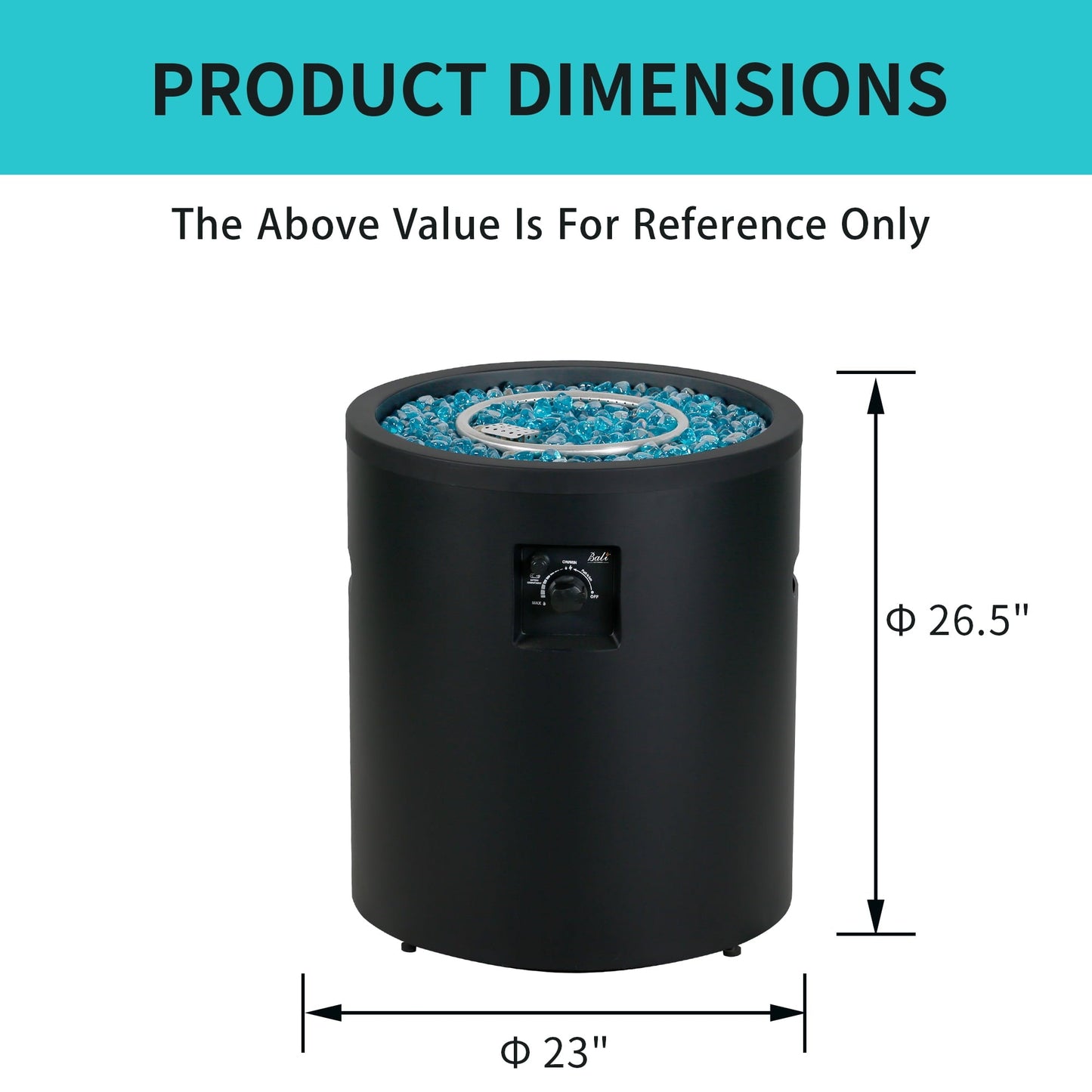 BALI OUTDOORS 23" Gas Fire Pit Propane Fire Column, 50,000BTU Round Propane Fire Pit Table with Glass Stones - Home OXO