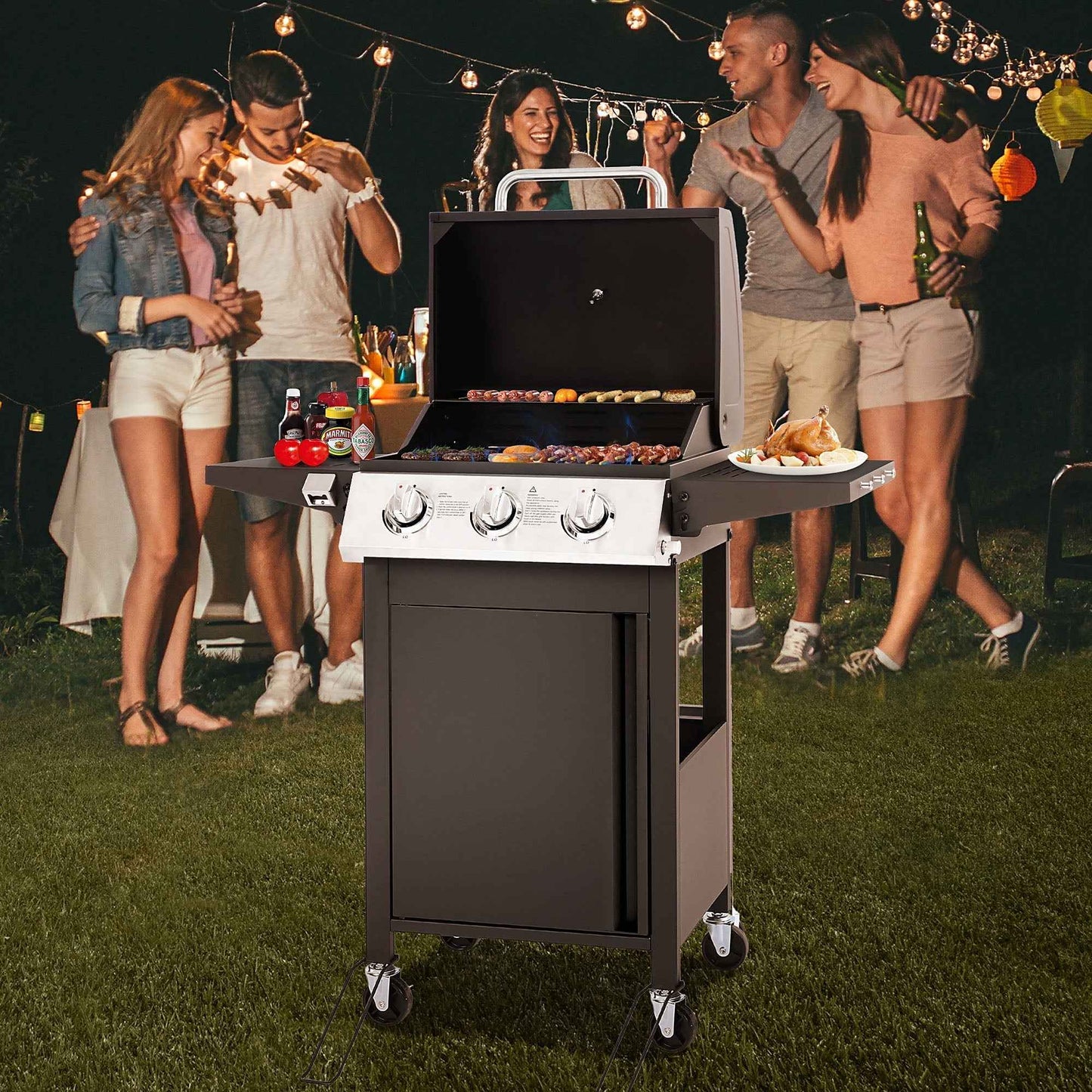 30000 BTU Gas Grill with 4 Universal Wheels, 3 Burners Outdoor BBQ Grill with Steel Brush & Thermometer for Outdoor Camping