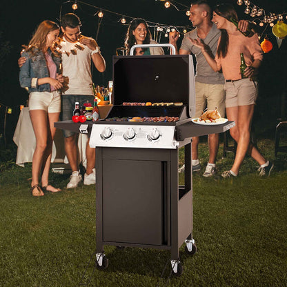 30000 BTU Gas Grill with 4 Universal Wheels, 3 Burners Outdoor BBQ Grill with Steel Brush & Thermometer for Outdoor Camping