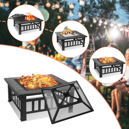 LAZY BUDDY Steel Fire Pits for Outside, 32'' Square Wood Burning Firepit Table with Mesh Lid, BBQ Net, Poker, and Cover for Outdoor Patio Backyard Bonfire Party - Home OXO