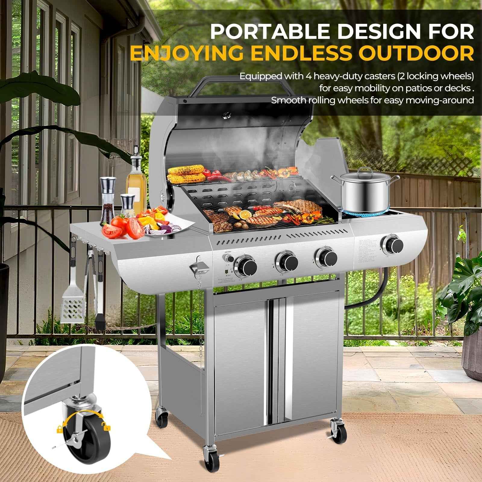 LHRIVER Stainless Steel BBQ Grill, 3 Burner Propane Gas Grill with Side Burner  for Outdoor Cooking Patio Backyard