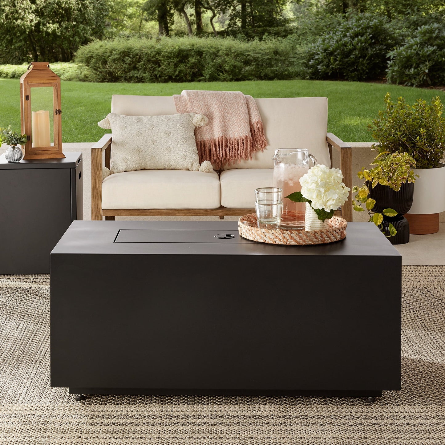 Mainstays 42" Rectangle Black Finish Modern Steel Fire Pit: 42" x 20" 50000 BTU Propane Fire Pit Table with Lid, Tank Hideaway and Cover - Home OXO